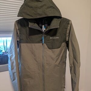 Columbia Green and Gray Raincoat with Hood and Two-Tone Design